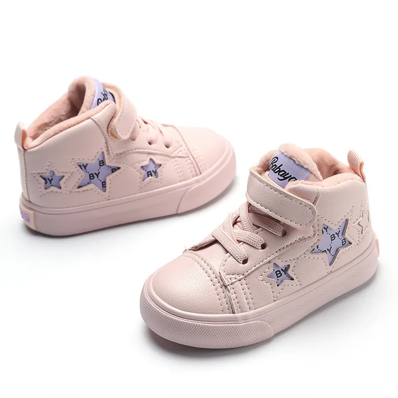 Stars toddler shoes with Velcro fastening, beige and girlish pink, microfiber upper and rubber sole