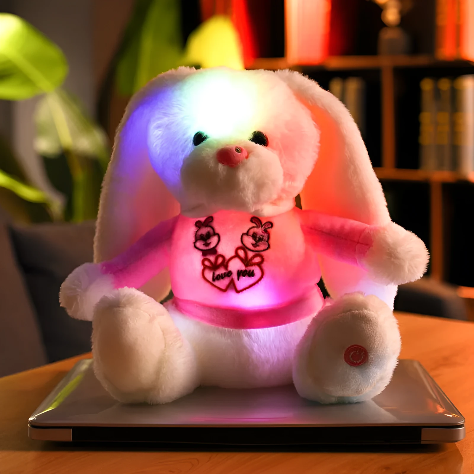 28cm cartoon rabbit plush toy doll pillow with flash function, blue colour, PP cotton filling