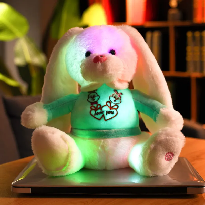28cm cartoon rabbit plush toy doll pillow with flash function, blue colour, PP cotton filling