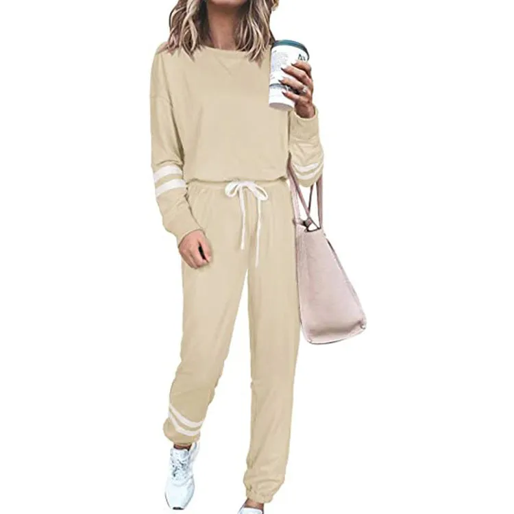 Women's casual suit set in cotton blend fabric with top and trousers in solid colour