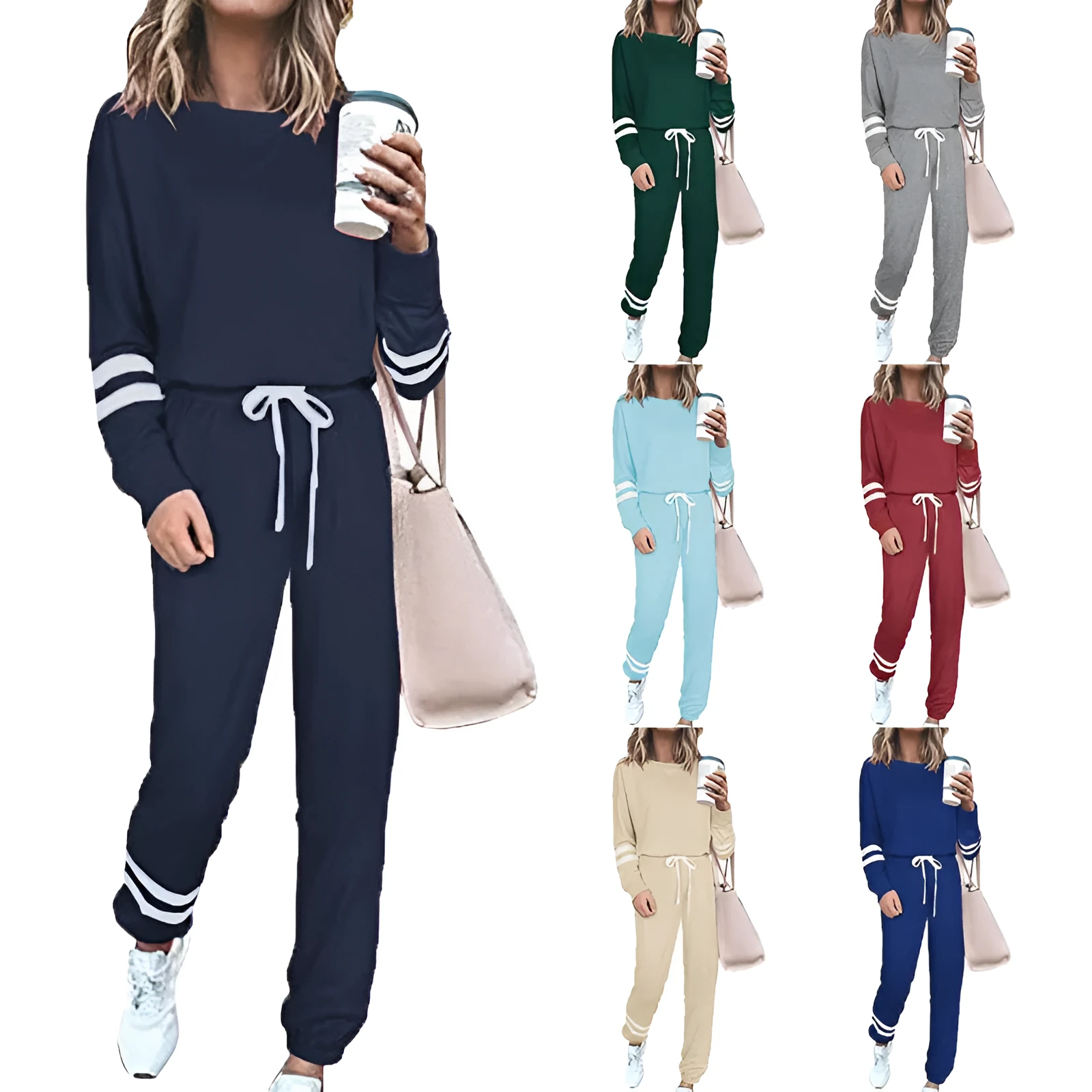 Women's casual suit set in cotton blend fabric with top and trousers in solid colour