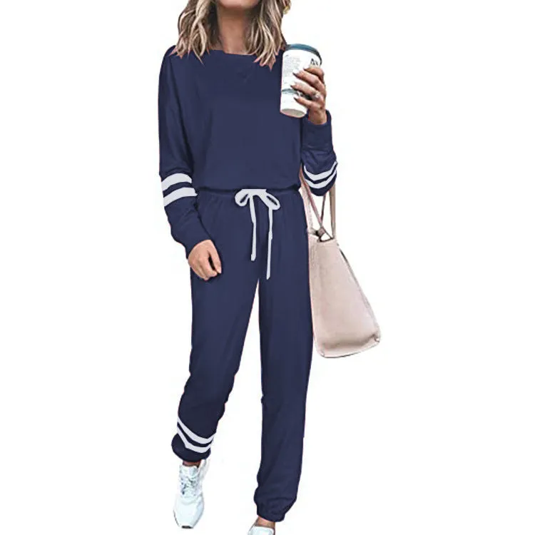Women's casual suit set in cotton blend fabric with top and trousers in solid colour