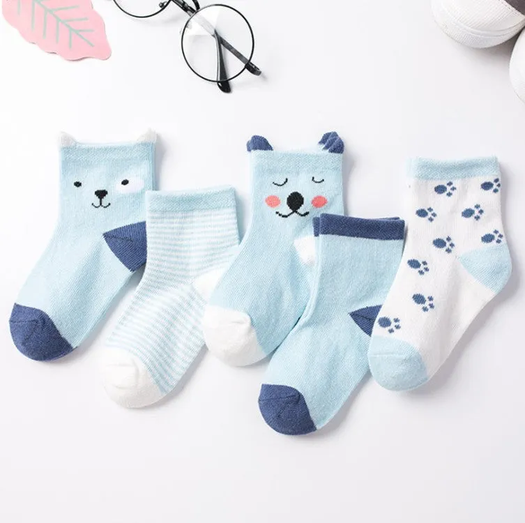 Set of five children's cotton socks in assorted solid colours and stripes, mid-tube length for toddlers 1-3 years