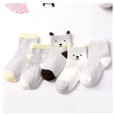 Set of five children's cotton socks in assorted solid colours and stripes, mid-tube length for toddlers 1-3 years