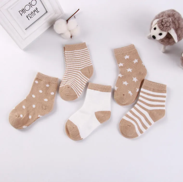 Set of five children's cotton socks in assorted solid colours and stripes, mid-tube length for toddlers 1-3 years