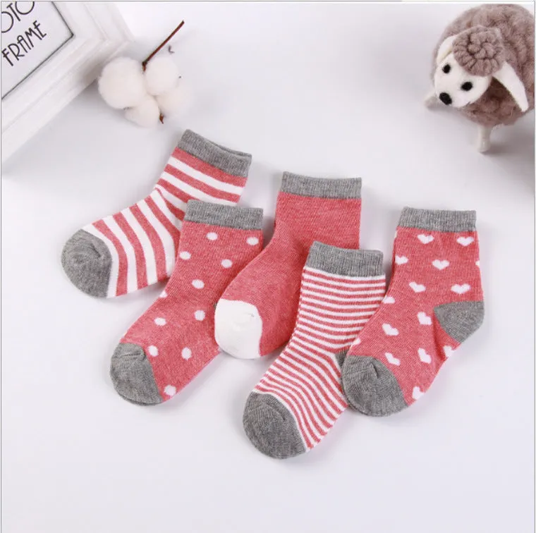 Set of five children's cotton socks in assorted solid colours and stripes, mid-tube length for toddlers 1-3 years