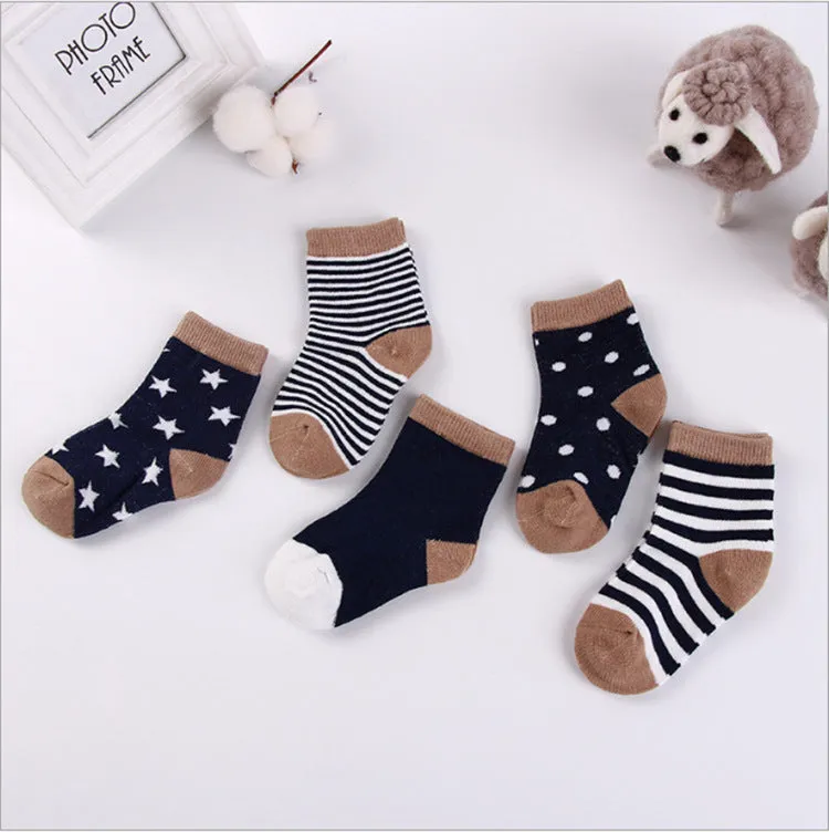Set of five children's cotton socks in assorted solid colours and stripes, mid-tube length for toddlers 1-3 years