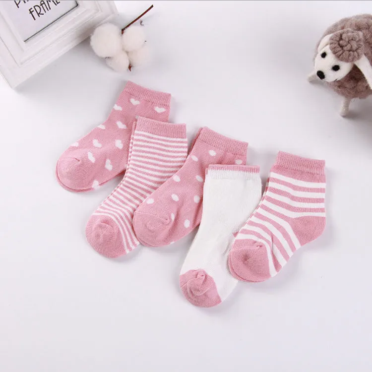 Set of five children's cotton socks in assorted solid colours and stripes, mid-tube length for toddlers 1-3 years