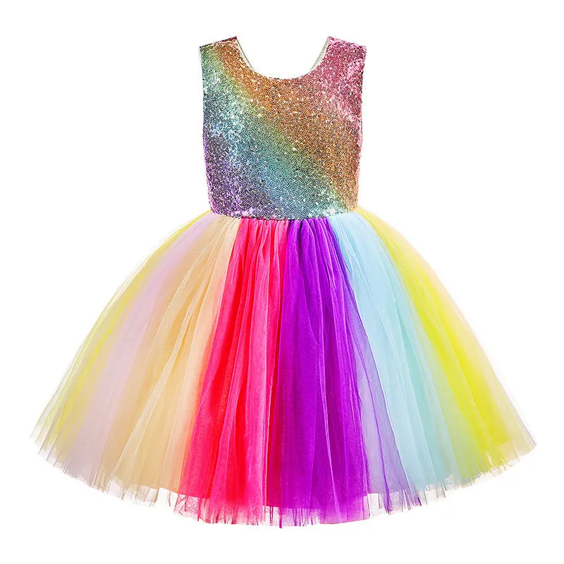 Girls rainbow skirt with lace and mesh layers in seven colours, polyester fabric, 110-160cm sizes