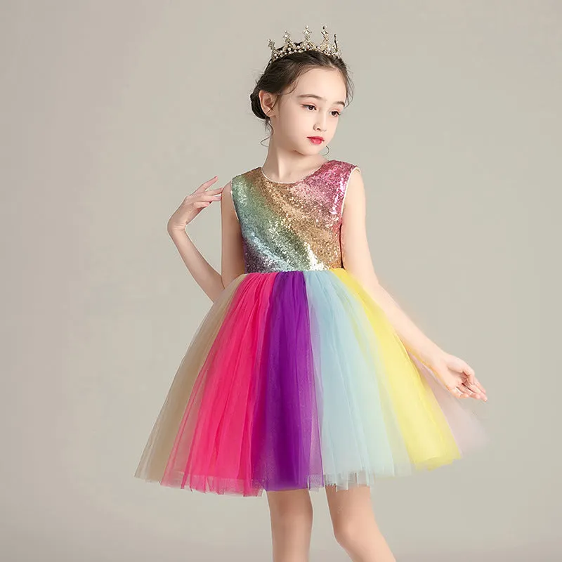 Girls rainbow skirt with lace and mesh layers in seven colours, polyester fabric, 110-160cm sizes