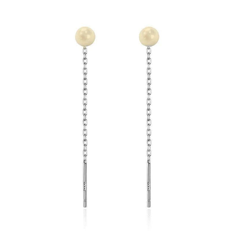 Sterling silver ear string earring with a selection of 5mm pendant charms including pearl, clay ball, and geometric shapes.