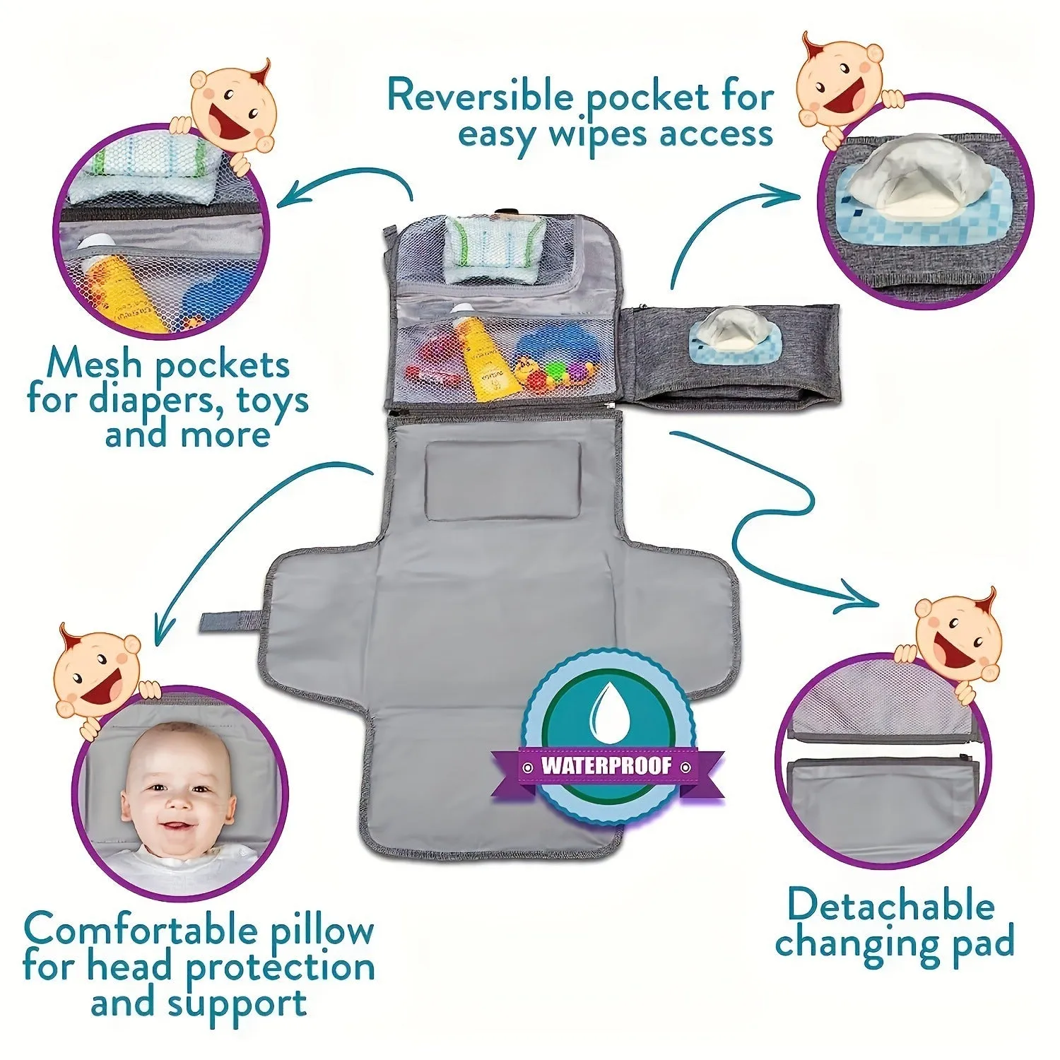 Portable waterproof baby change pilch in solid blue colour with Oxford fabric and PEVA lining