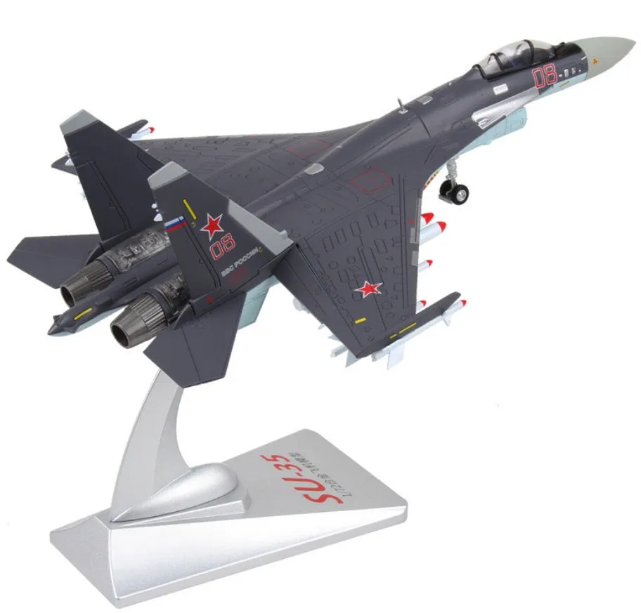 Su35 die-cast model in 1/72 scale with Russian camouflage paint finish on a white background