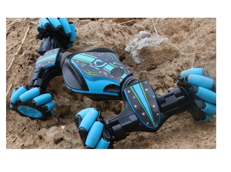 Gesture sensing remote control twisting car in blue with drift light music features on a flat surface
