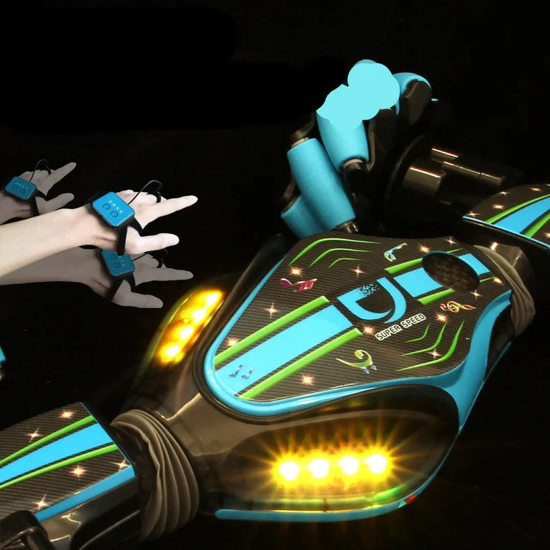 Gesture sensing remote control twisting car in blue with drift light music features on a flat surface
