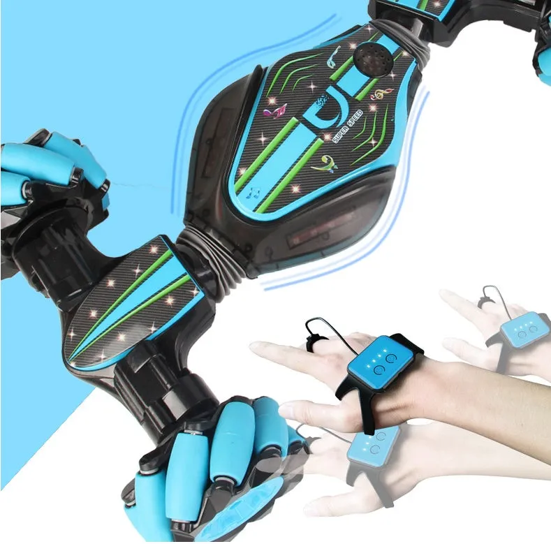 Gesture sensing remote control twisting car in blue with drift light music features on a flat surface