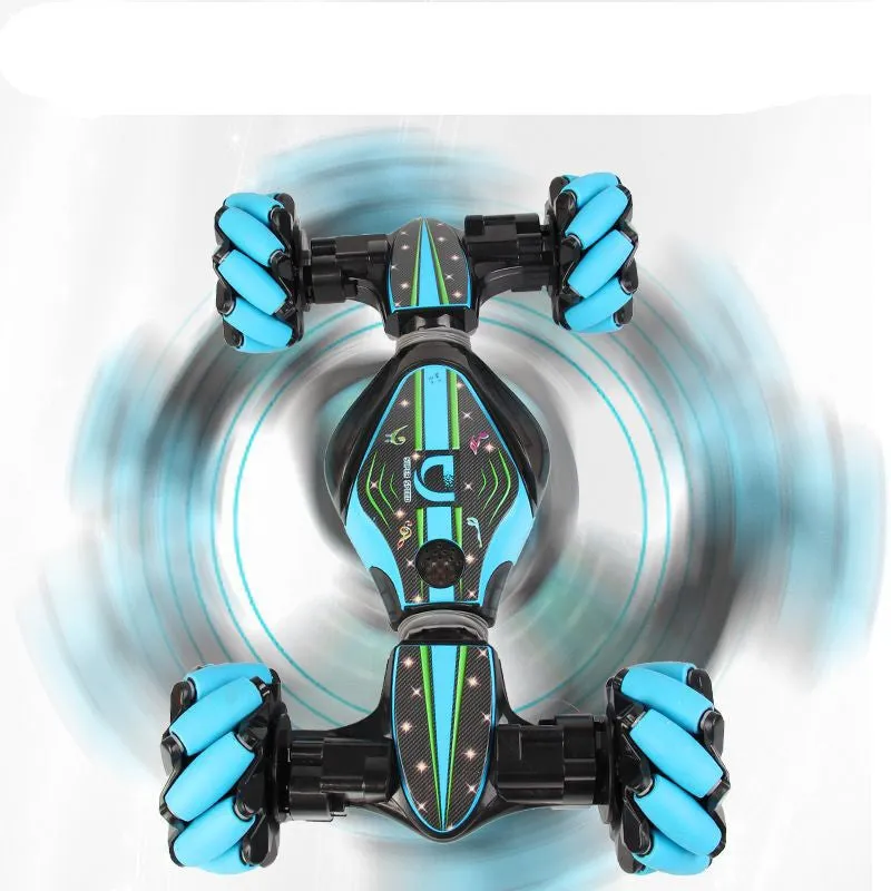 Gesture sensing remote control twisting car in blue with drift light music features on a flat surface
