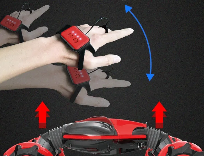 Gesture sensing remote control twisting car in blue with drift light music features on a flat surface