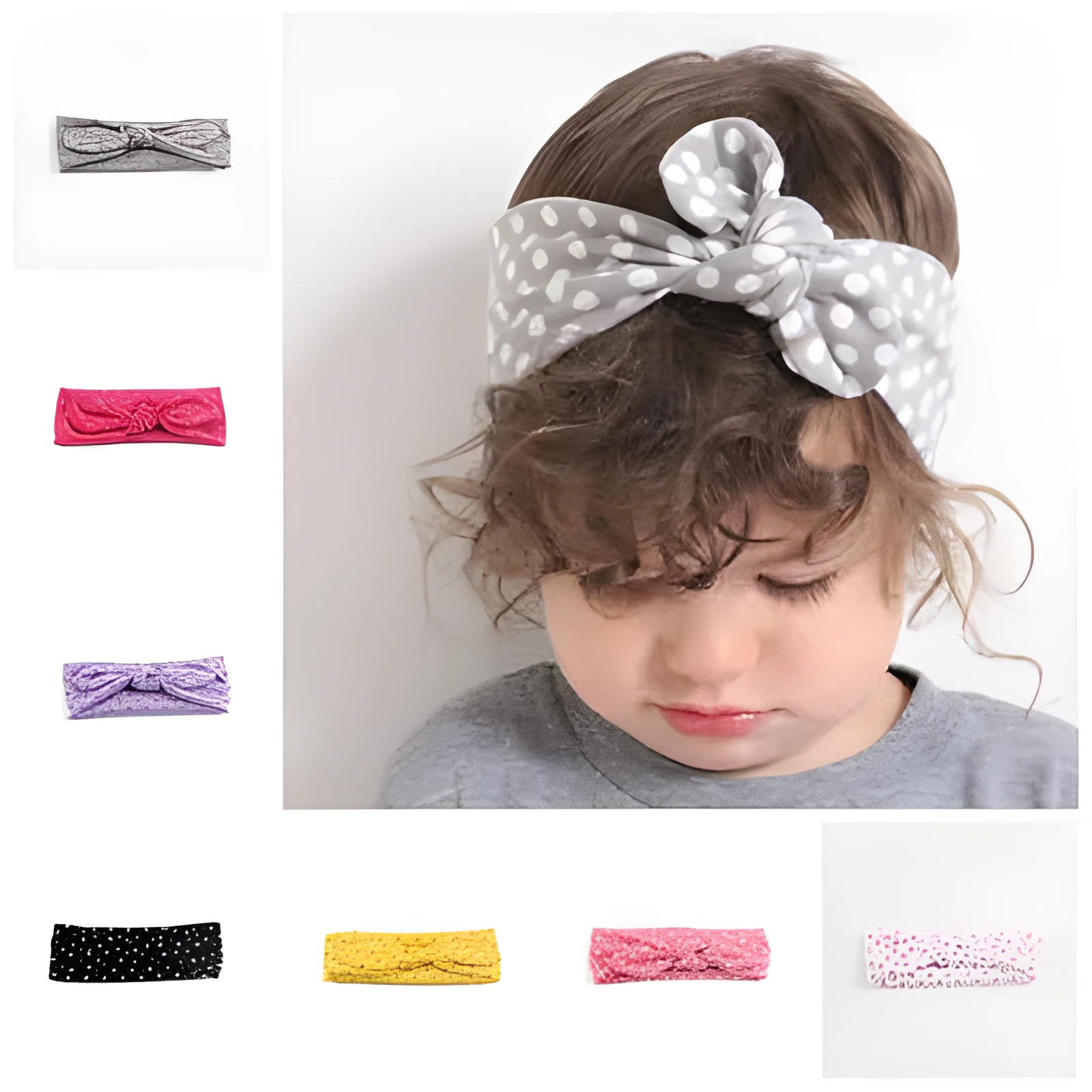 Set of 9 cotton jersey baby headbands in various colours with rabbit ears on white background