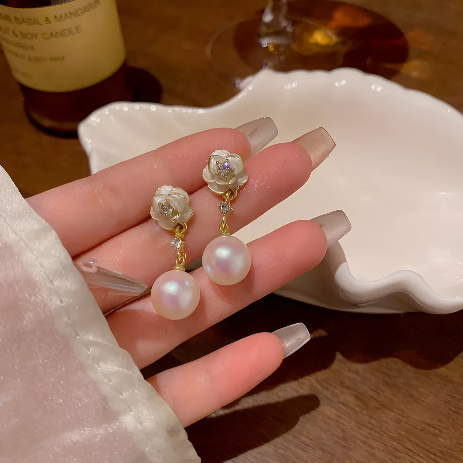 Camellia pearl flower stud earrings for women with alloy flower shape and silver-tone pearl detailing