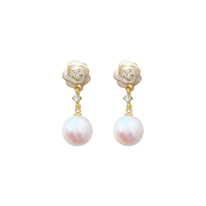 Camellia pearl flower stud earrings for women with alloy flower shape and silver-tone pearl detailing