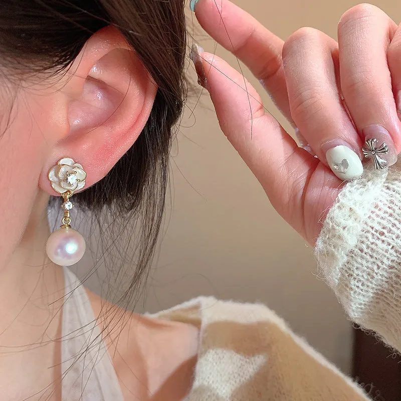 Camellia pearl flower stud earrings for women with alloy flower shape and silver-tone pearl detailing