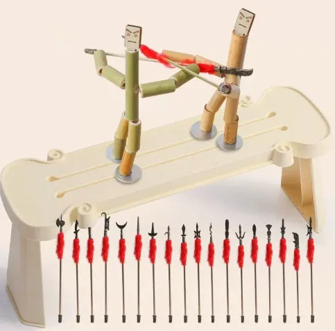 Bamboo Man children's wooden fighting game table set with two Bamboo Man figures and iron weapons in gift box