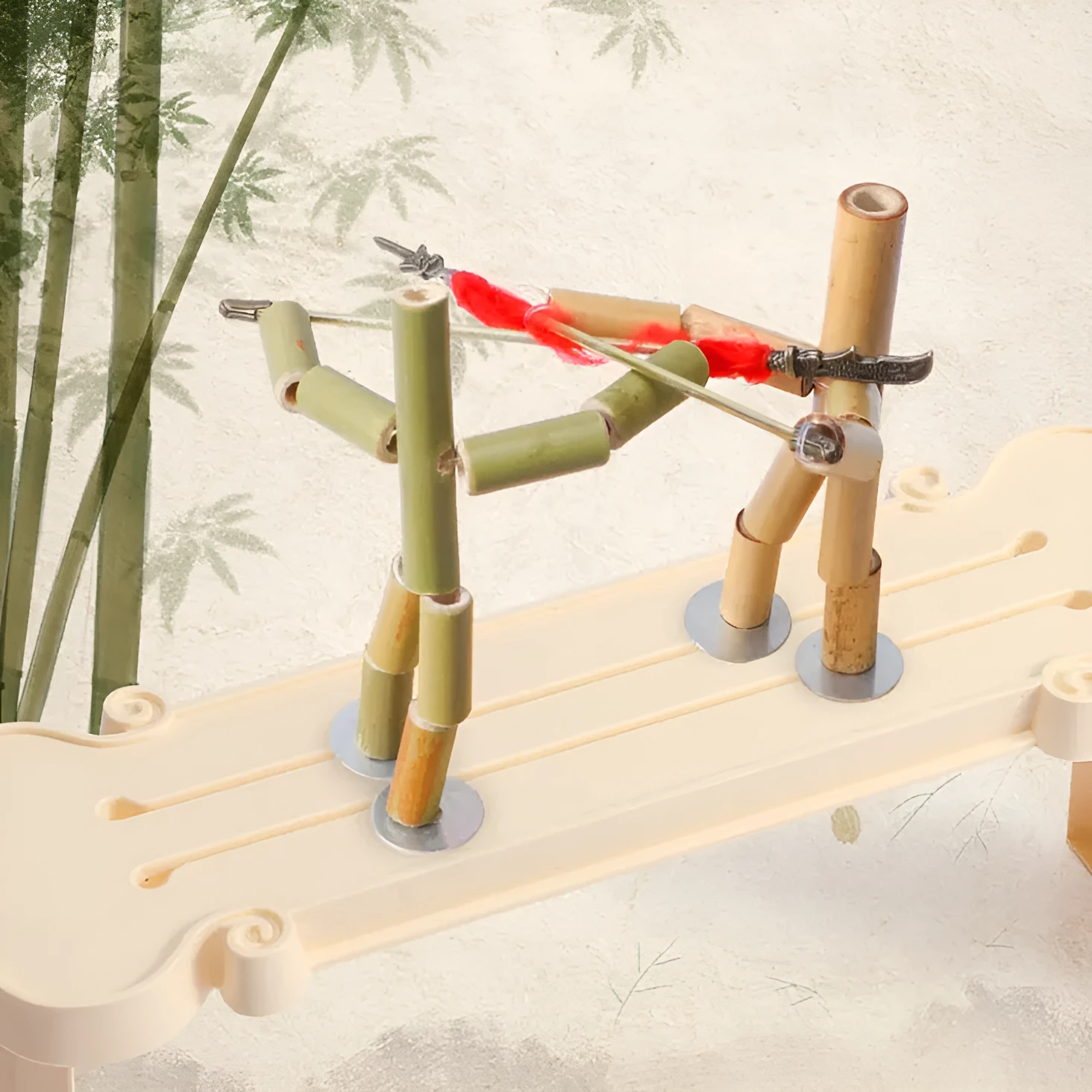 Bamboo Man children's wooden fighting game table set with two Bamboo Man figures and iron weapons in gift box
