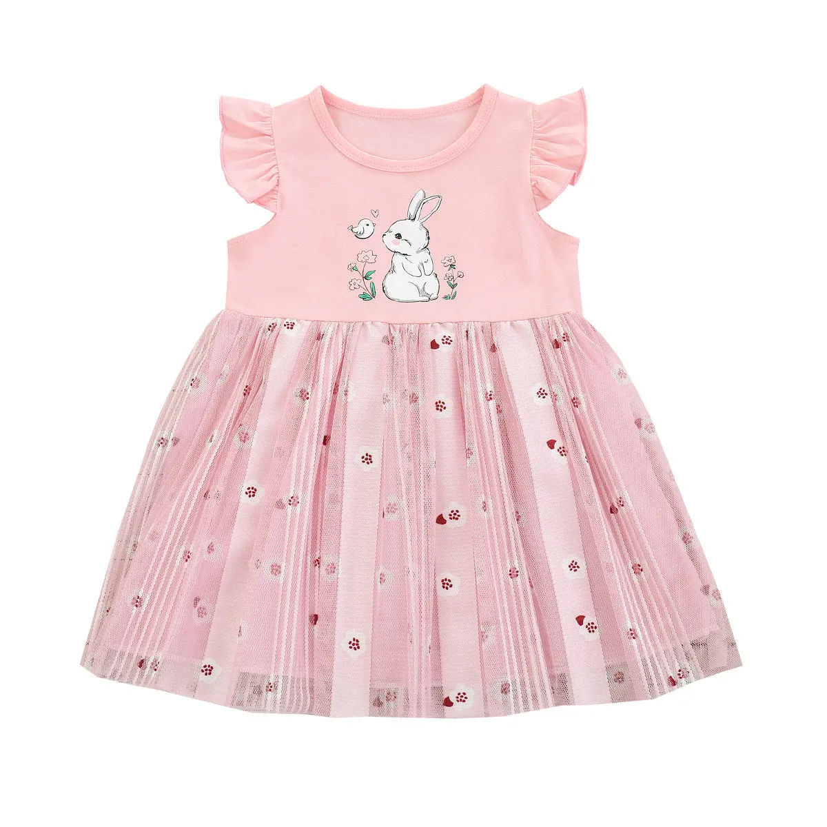 Pink cotton girls princess dress with cartoon rabbit print and mesh overlay on plain background