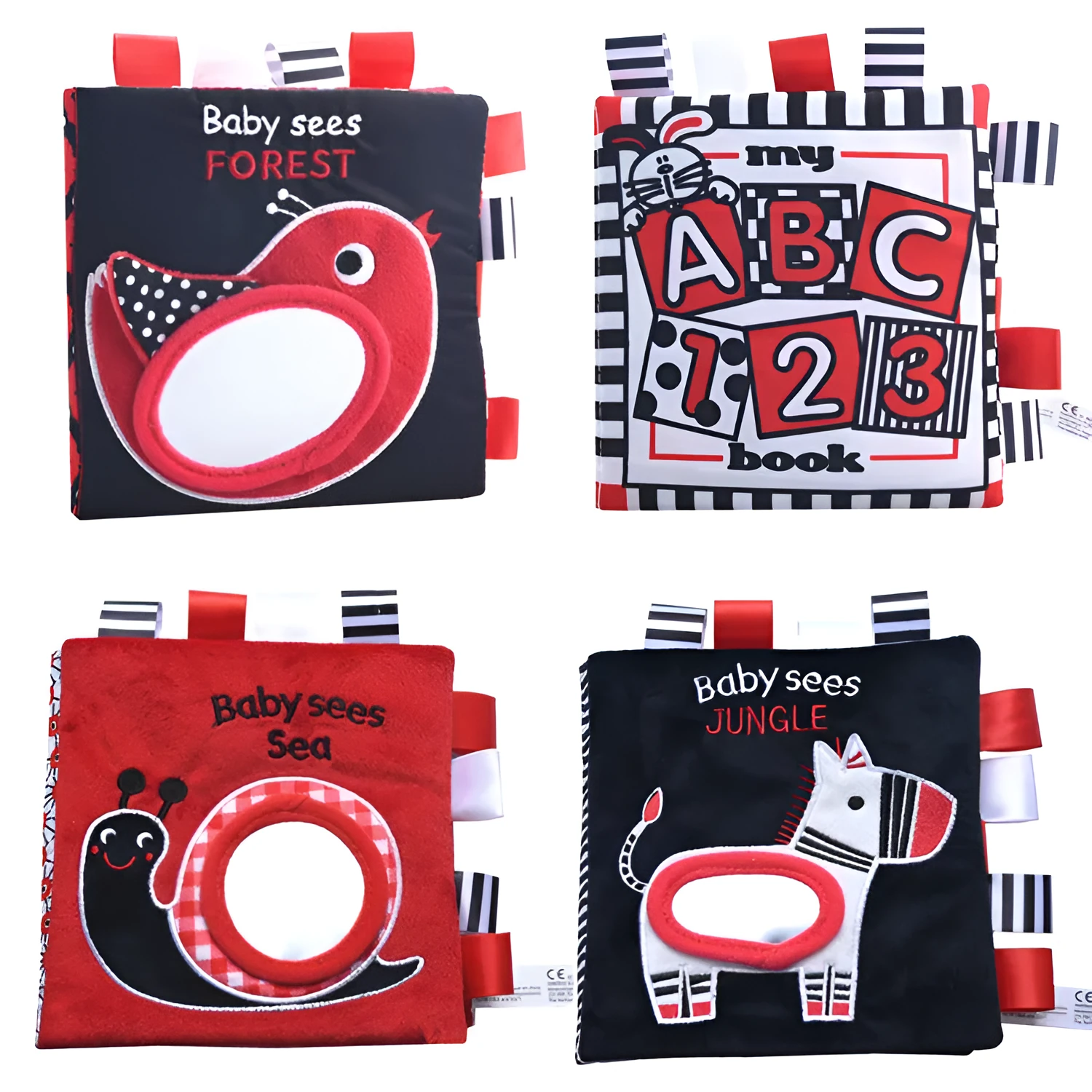 Four cloth books with bird, snail, zebra, and ABC designs featuring haha mirror and rattle functions