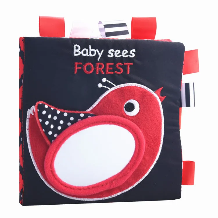 Four cloth books with bird, snail, zebra, and ABC designs featuring haha mirror and rattle functions