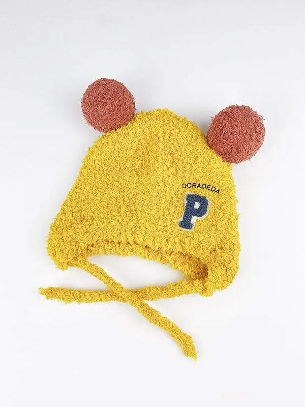 Baby cute plush hat with lamb wool Western style big ball in beige yellow blue pink colours