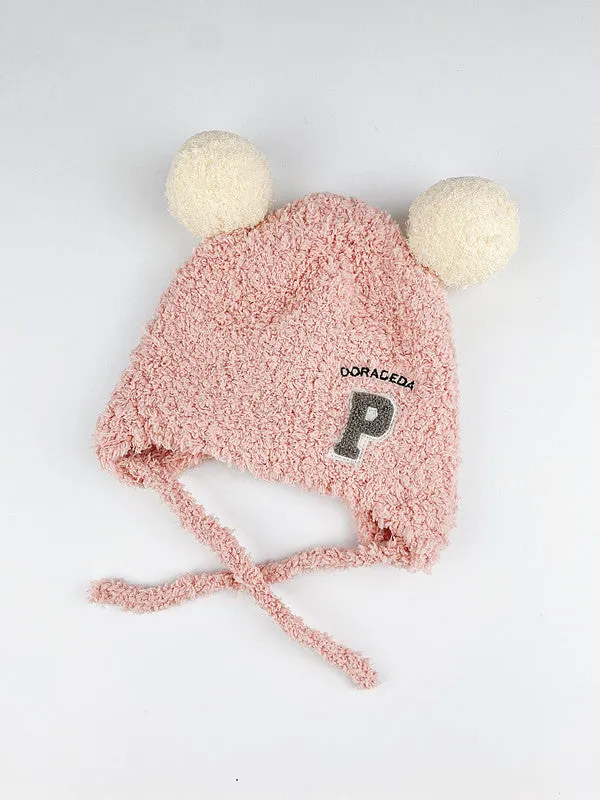 Baby cute plush hat with lamb wool Western style big ball in beige yellow blue pink colours