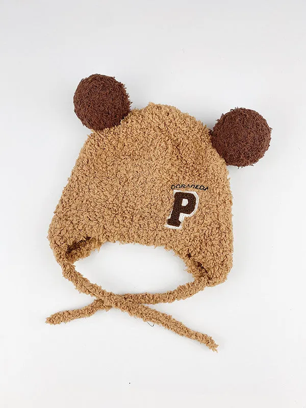 Baby cute plush hat with lamb wool Western style big ball in beige yellow blue pink colours