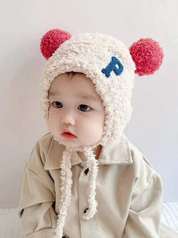 Baby cute plush hat with lamb wool Western style big ball in beige yellow blue pink colours