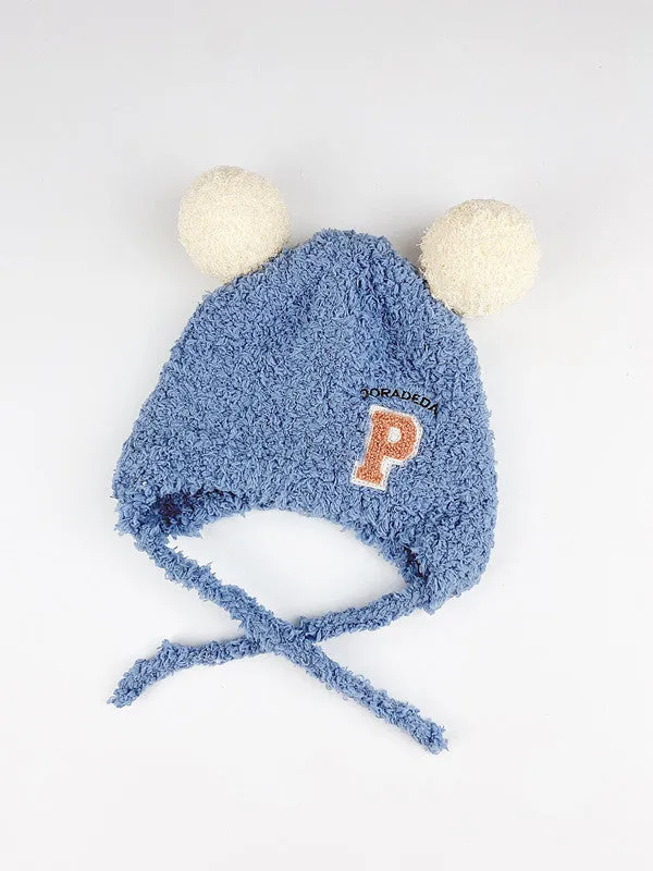 Baby cute plush hat with lamb wool Western style big ball in beige yellow blue pink colours