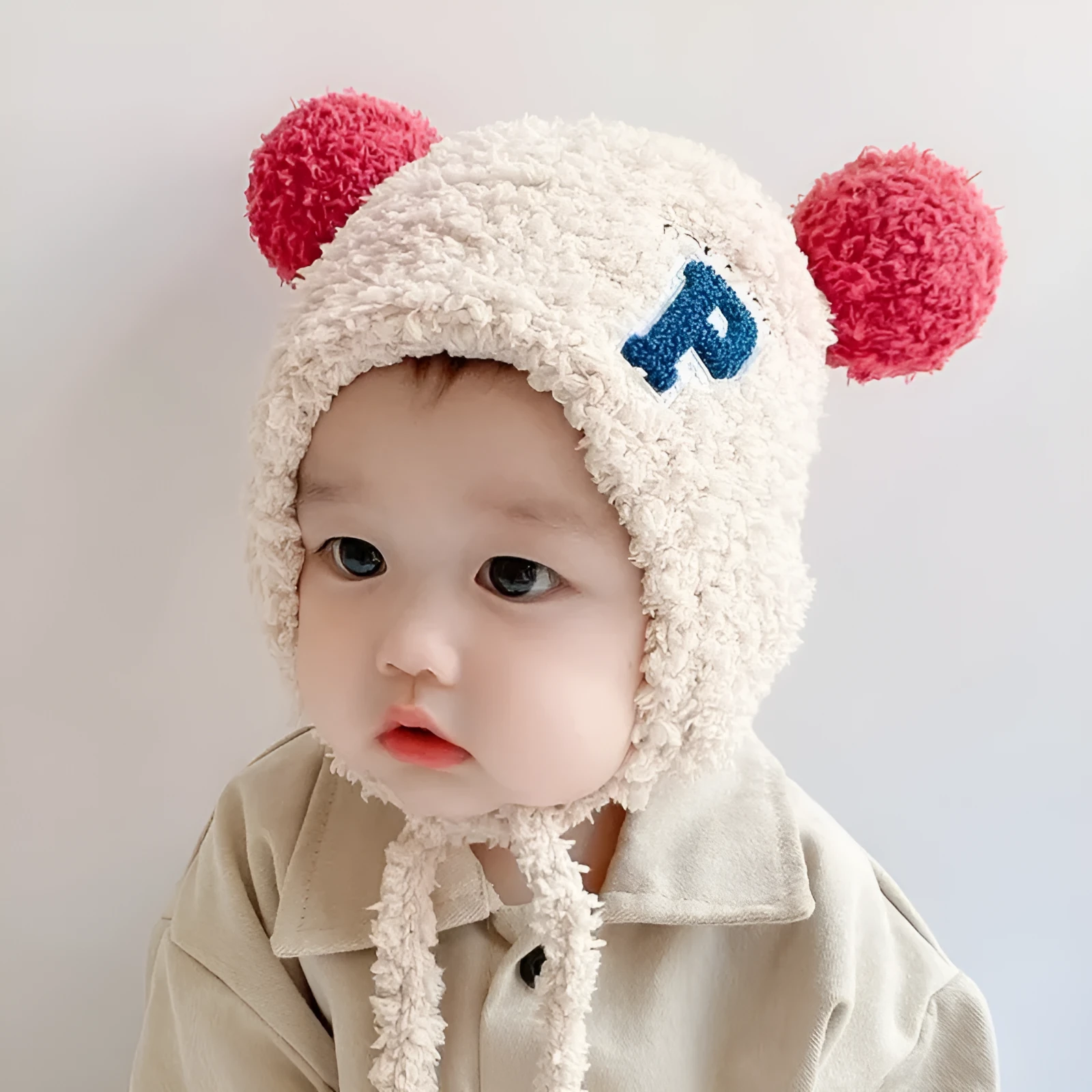 Baby cute plush hat with lamb wool Western style big ball in beige yellow blue pink colours