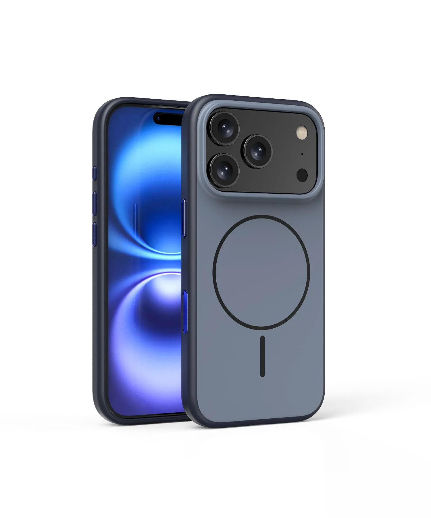 Blue magnetic iPhone 17 phone case with a dedicated AI camera button and frosted finish.