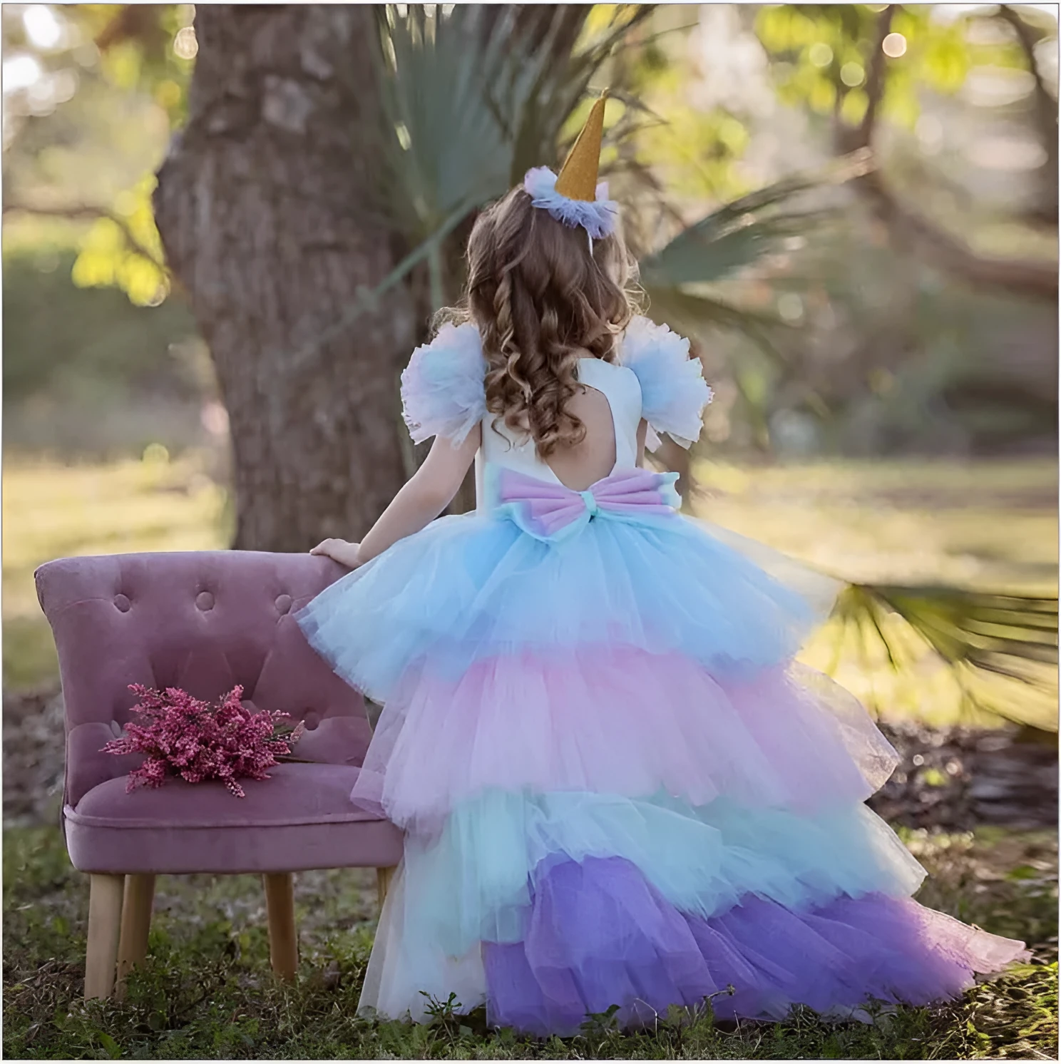 White girls princess dress with cake skirt and short sleeves for spring summer events