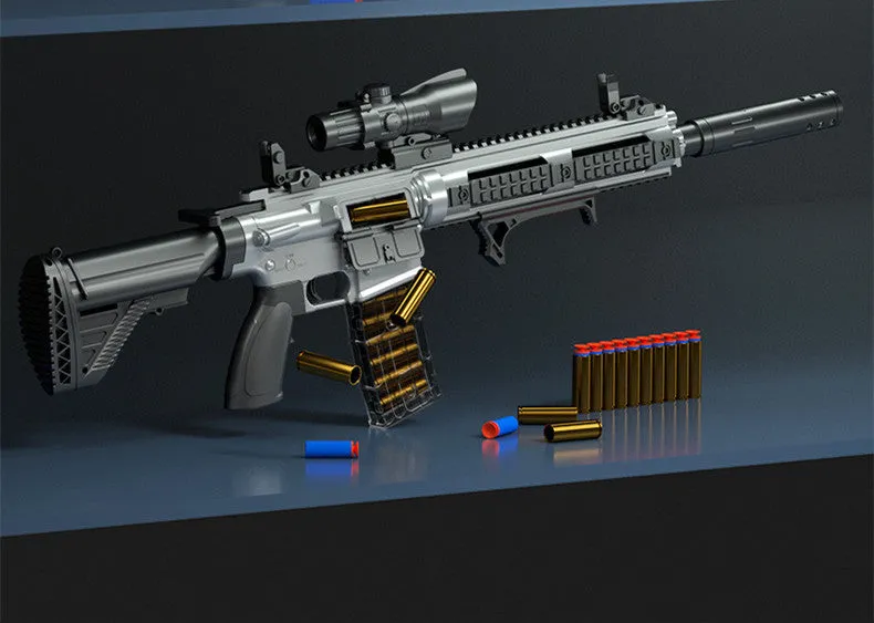 M416 soft bullet gun in black plastic with 100cm length, side view showing magazine and barrel