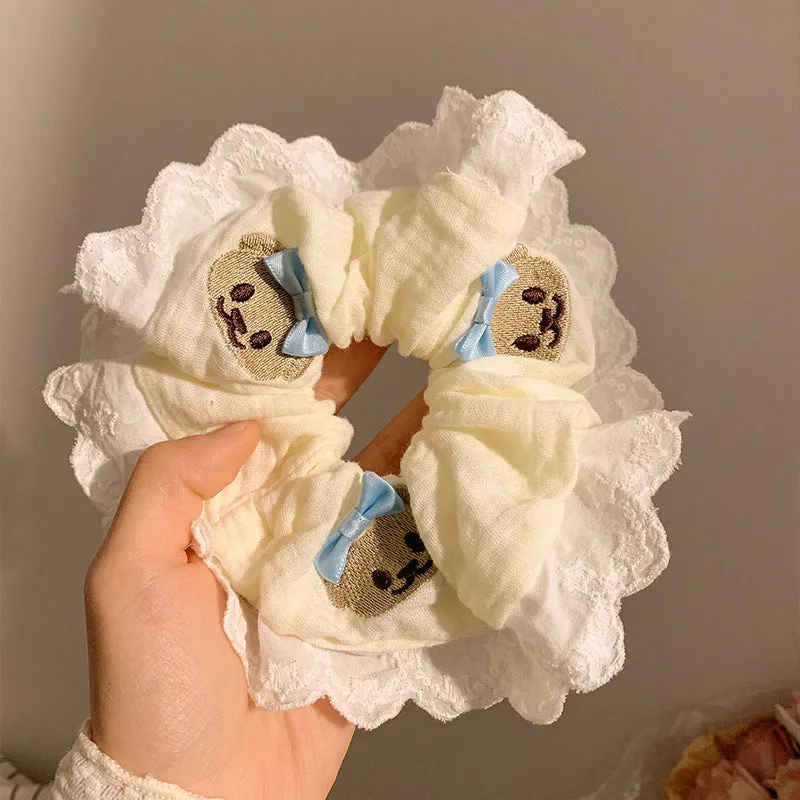 Bear blue bow lace elastic large intestine hair ring with cute bear motif on cloth material