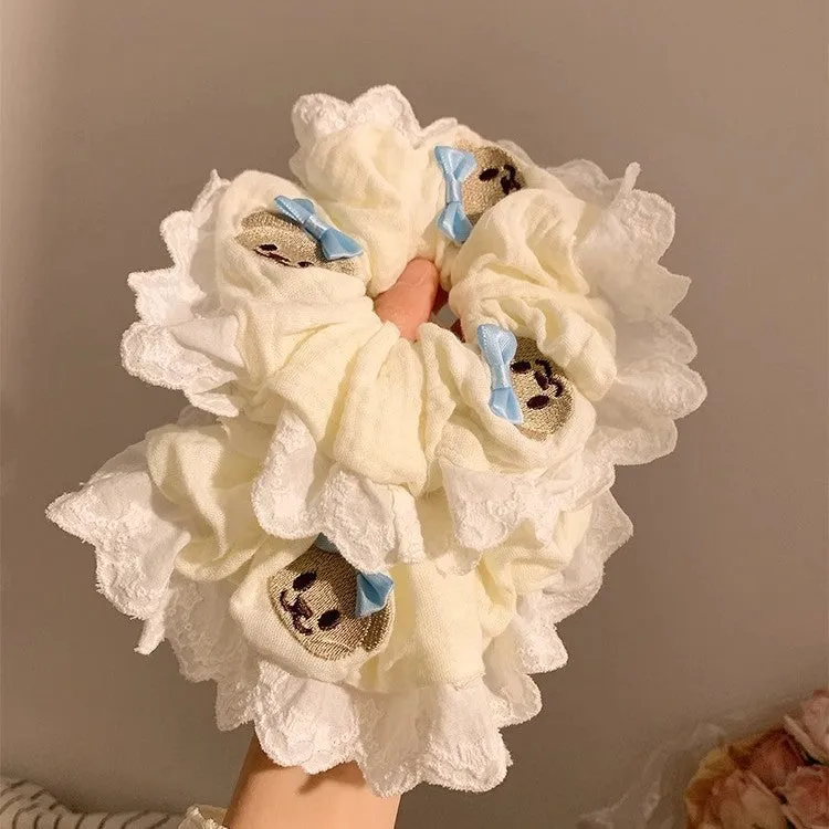 Bear blue bow lace elastic large intestine hair ring with cute bear motif on cloth material
