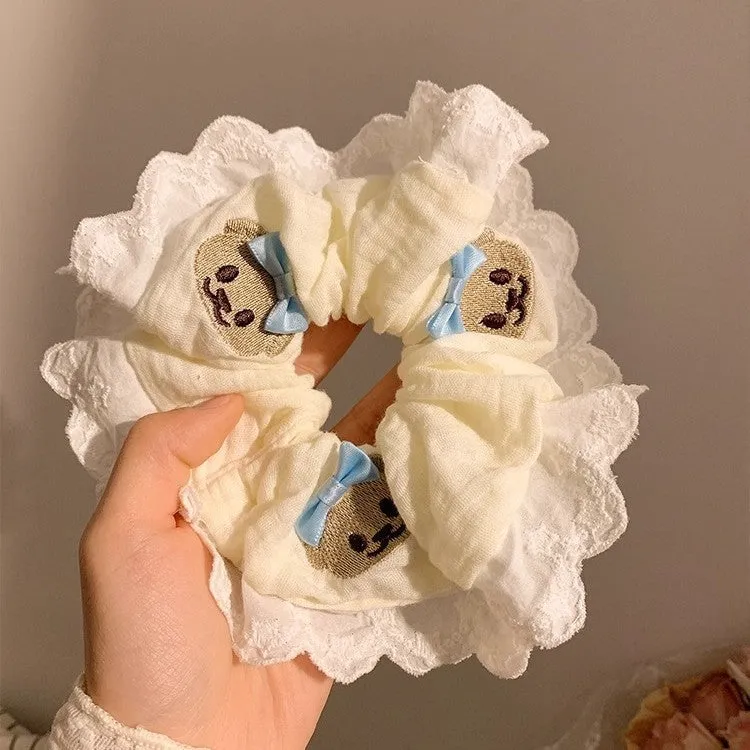 Bear blue bow lace elastic large intestine hair ring with cute bear motif on cloth material