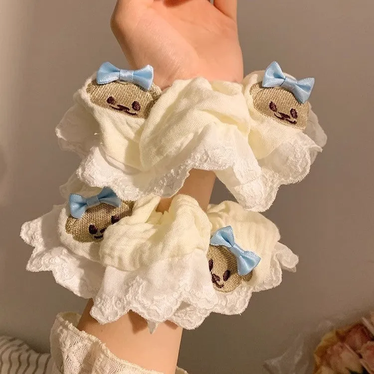 Bear blue bow lace elastic large intestine hair ring with cute bear motif on cloth material