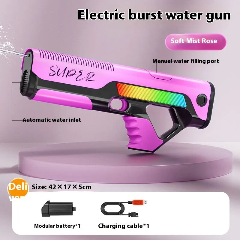 Automatic feeding electric water gun in blue with plastic body and USB port, 42x17x5 cm outdoor toy