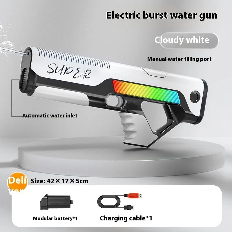 Automatic feeding electric water gun in blue with plastic body and USB port, 42x17x5 cm outdoor toy