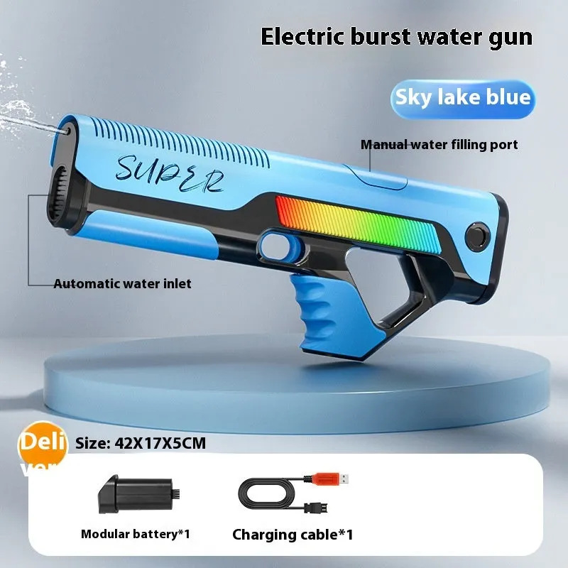 Automatic feeding electric water gun in blue with plastic body and USB port, 42x17x5 cm outdoor toy