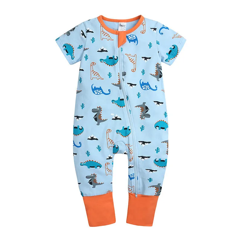 Kids Tales blue cotton baby jumpsuit with short sleeves and zipper closure
