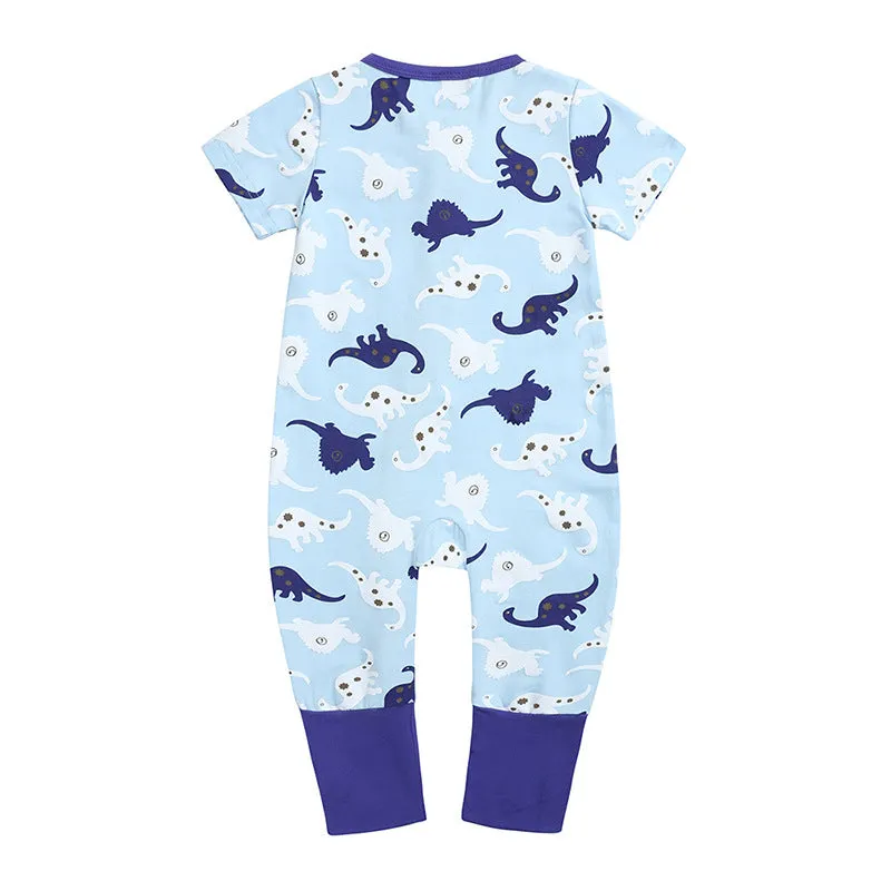 Kids Tales blue cotton baby jumpsuit with short sleeves and zipper closure