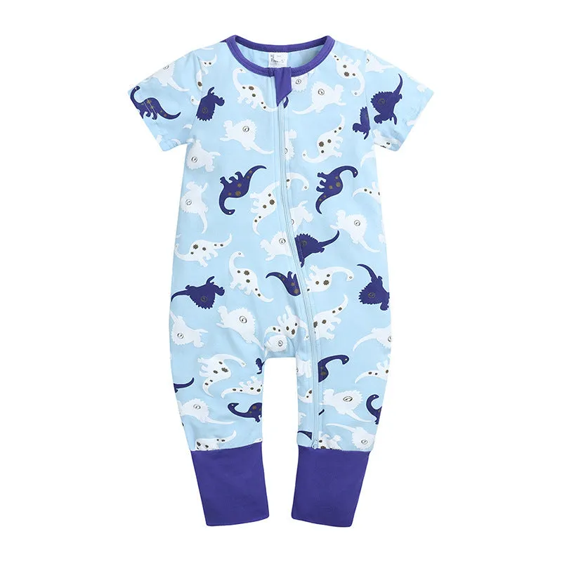 Kids Tales blue cotton baby jumpsuit with short sleeves and zipper closure